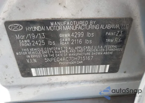 2013 Hyundai Sonata Se z USA, uszkodzony, nr VIN 5NPEC4AC7DH715167